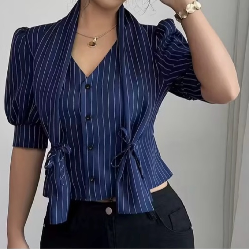 Stylish Navy Striped Lace-Up Top